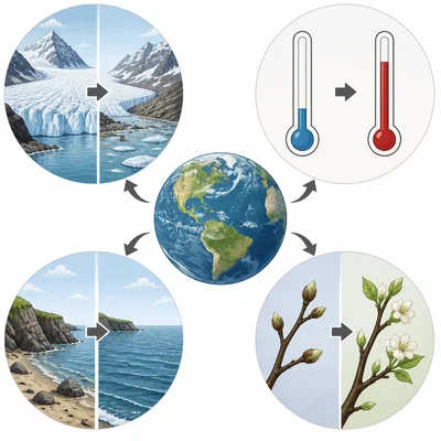 Several climate warming evidence examples surround Earth, including melting ice and rising sea level.