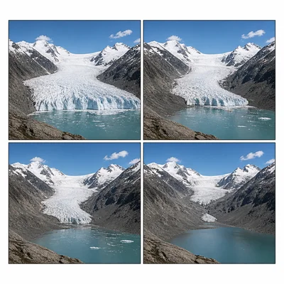 A glacier shrinks across a sequence of repeated photographs.