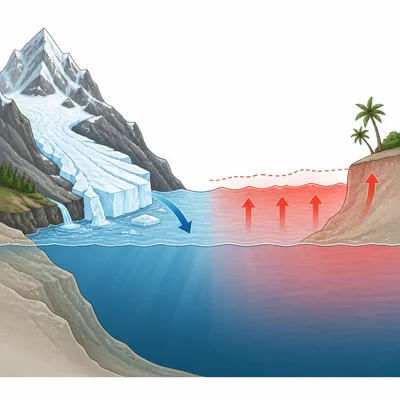 Melting land ice and warming ocean water both raise sea level near a coast.