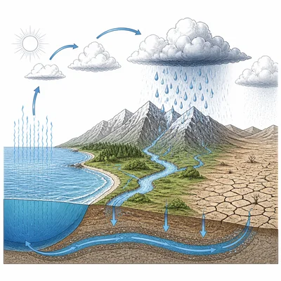 Water cycle diagram showing evaporation, clouds, rainfall, runoff, flooding, and dry land.
