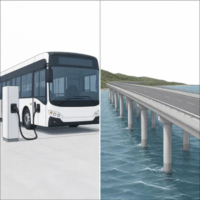 Electric bus charging beside a raised road protected from coastal flooding.
