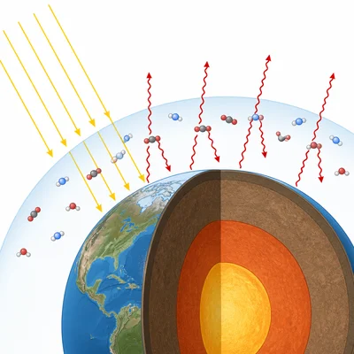 Diagram of sunlight reaching Earth and heat being partly trapped by greenhouse gases in the atmosphere.