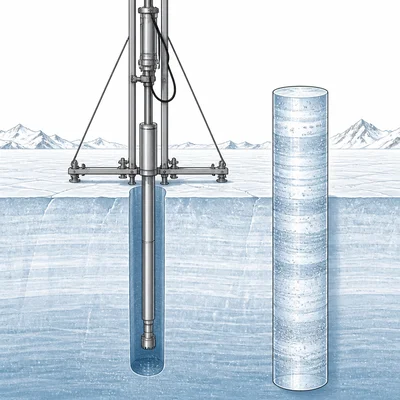 Ice core being drilled from a glacier, showing layers and trapped bubbles.