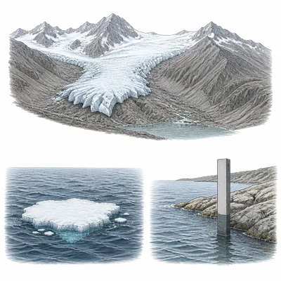 Examples of climate warming evidence: retreating glacier, reduced sea ice, and rising coastal water.