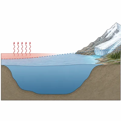 Diagram showing sea level rise from warming ocean water and melting land ice.