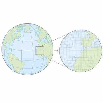 A globe grid with large cells and a zoomed inset showing smaller climate model grid cells.