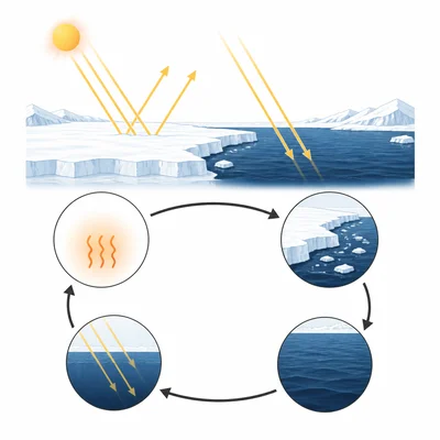 Diagram of ice melting, darker ocean absorbing more sunlight, and a circular positive feedback loop.