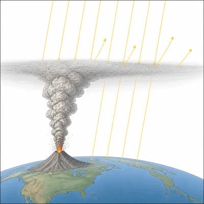Volcanic aerosols in the atmosphere reflecting incoming sunlight back to space.