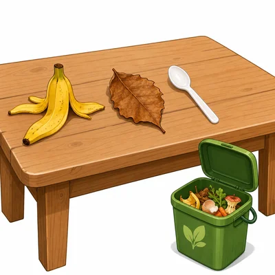 A banana peel, dry leaf, and plastic spoon next to an open compost bin.