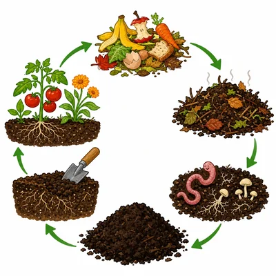 A circular cycle showing scraps becoming compost, soil, and healthy plants.