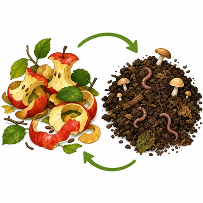 Food scraps and leaves changing into dark crumbly compost with worms and mushrooms.