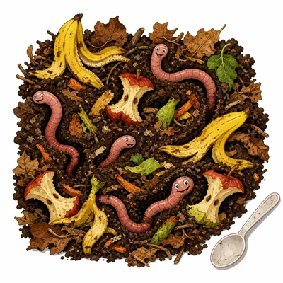 Earthworms mixing food scraps and leaves in a compost pile, with a plastic spoon set aside.
