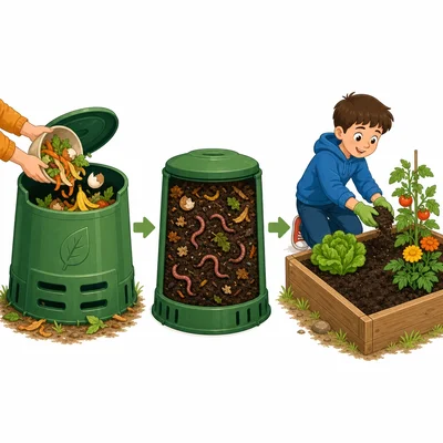 Food scraps go into a compost bin, break down, and become compost for a garden.