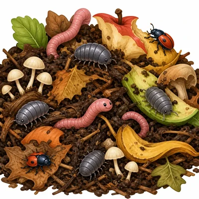 Earthworms, pill bugs, mushrooms, and beetles in a compost pile.