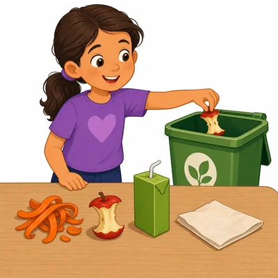 Apple cores, carrot peels, a juice box, and a paper napkin near a compost bin.