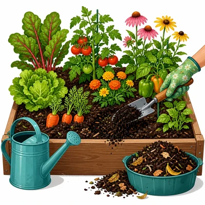 Compost mixed into garden soil helps plants grow healthy and strong.
