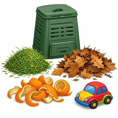 Grass clippings, dry leaves, orange peels, and a toy car near a compost bin.