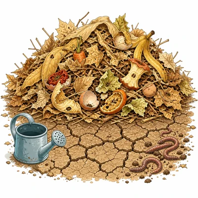 A dry compost pile with cracked soil and tired earthworms.