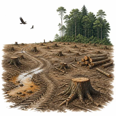 A cleared forest area with stumps, logs, bare soil, and birds leaving.