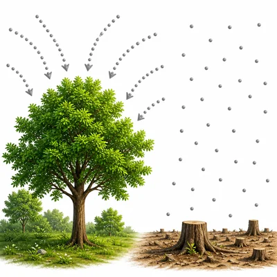 A tree takes in gas from the air, while a cleared area has fewer trees to do this.