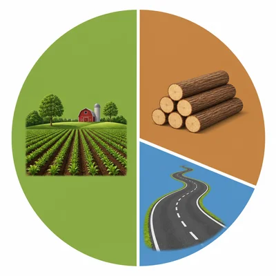 A pie chart with the largest section showing farming, a medium section showing logging, and a smaller section showing roads.