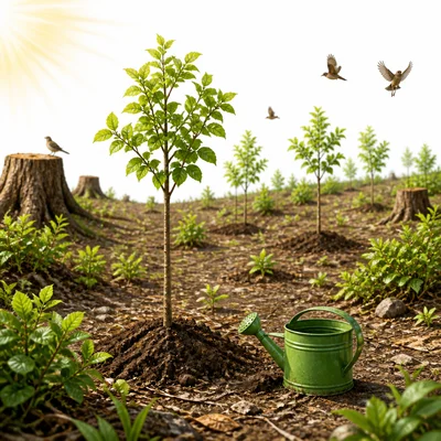 Young trees planted in a cleared area help a forest begin to grow back.