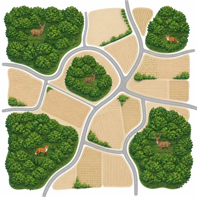 A map shows forest habitat divided into small patches by roads and farms.