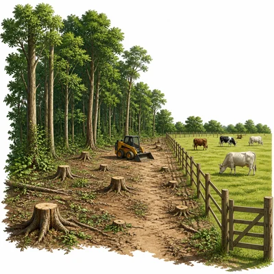 A forest partly cleared to make space for a fenced cattle pasture.