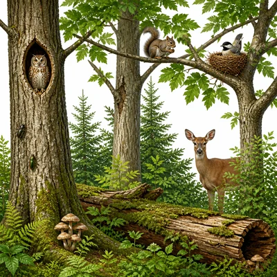 A forest habitat with animals, insects, plants, and fungi living among the trees.