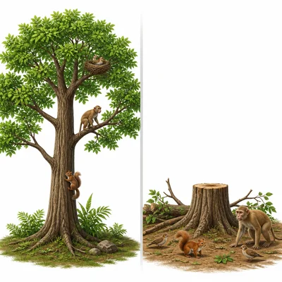 Tree-dwelling animals lose their home when a large tree is cut down.