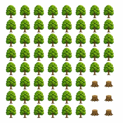 A countable model of trees where some have been cut down and others remain.