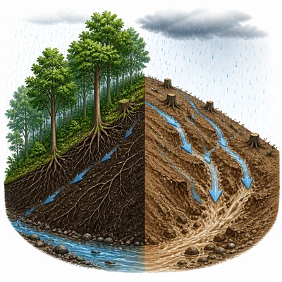 A hillside with trees holds soil better than a cleared hillside where rain washes soil downhill.