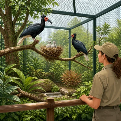 Endangered birds with chicks in a safe zoo breeding habitat.