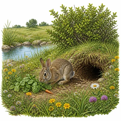 Rabbit in a meadow habitat with food, water, shelter, and a burrow.