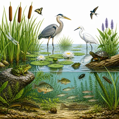 Wetland habitat with many plants and animals showing biodiversity.