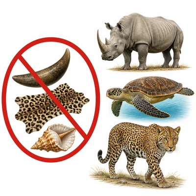 Animal products crossed out beside living endangered animals.