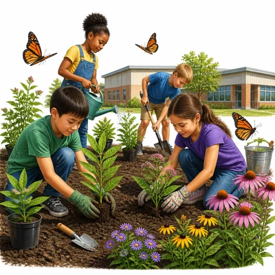 Children planting milkweed and native flowers for monarch butterflies.