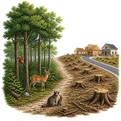 Forest habitat partly cleared for roads and houses, with animals losing space.