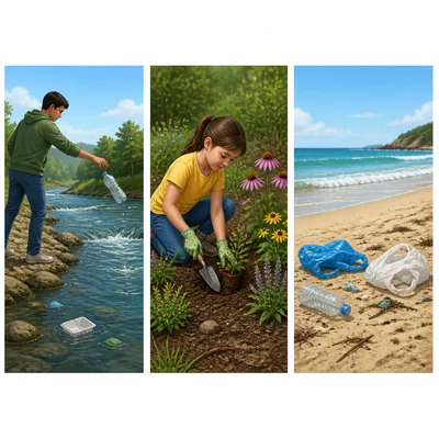 Three actions: polluting a river, planting flowers, and leaving plastic on a beach.