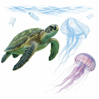 Sea turtle near a plastic bag that looks like a jellyfish underwater.