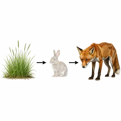 Food chain showing grass, rabbit, and fox connected by arrows.