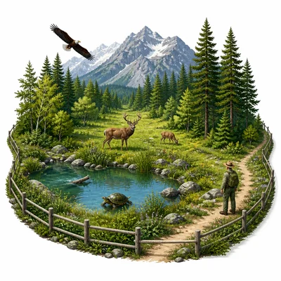Protected park habitat with wildlife, trees, meadow, and pond.