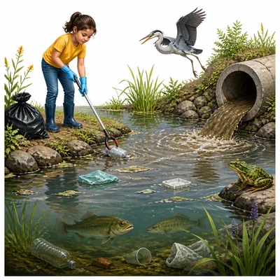 Polluted water habitat with fish, frog, bird, and a child cleaning litter.