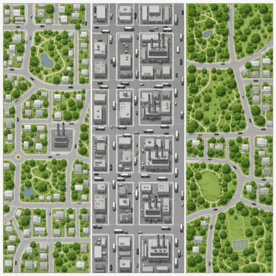 Three neighborhoods compared by parks, traffic, and factories.