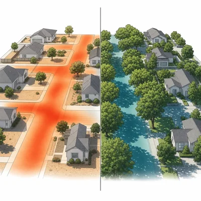 Side-by-side neighborhoods showing sparse trees and higher heat versus dense trees and cooler conditions.