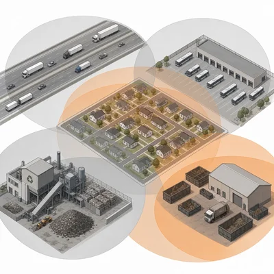 Homes surrounded by highway, bus depot, recycling facility, and waste transfer station with overlapping impact zones.