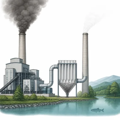 Power plant emissions being reduced by a pollution-control system near a lake.
