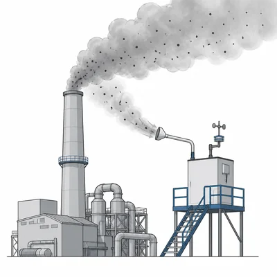 Factory smokestack releasing polluted smoke with an air monitoring device nearby.