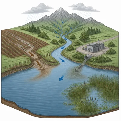 Runoff and pipe discharge entering a river, lake, and wetland system.