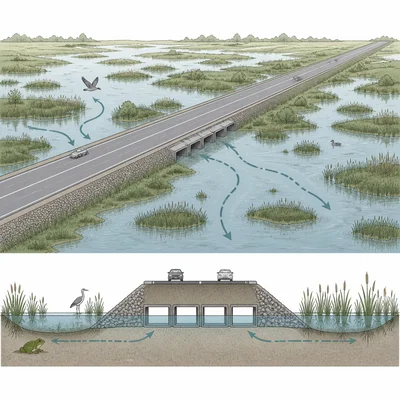A highway crossing a wetland, dividing habitat and altering water flow.